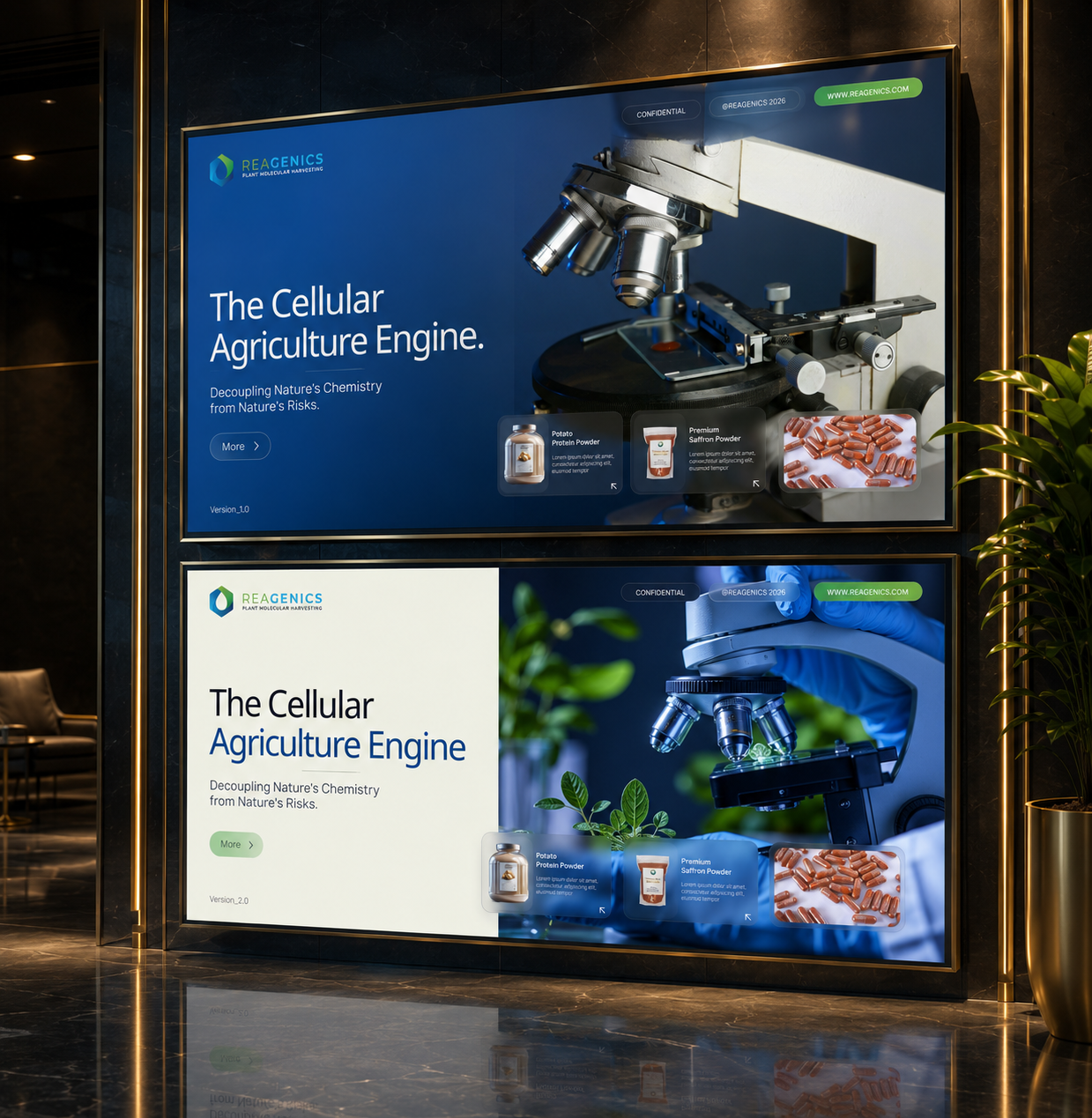 Biotech startup presentation highlighting cellular agriculture solutions, laboratory research, and product por