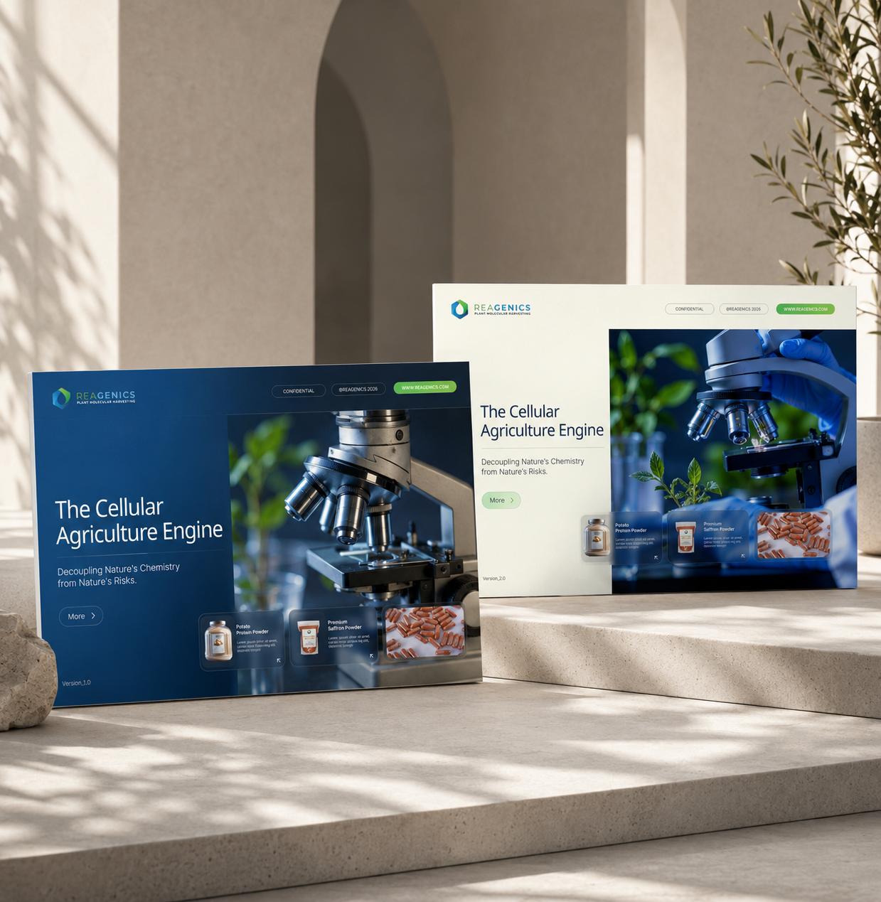 Biotech pitch deck cover featuring cellular agriculture engine, laboratory microscope, and product showcase vi