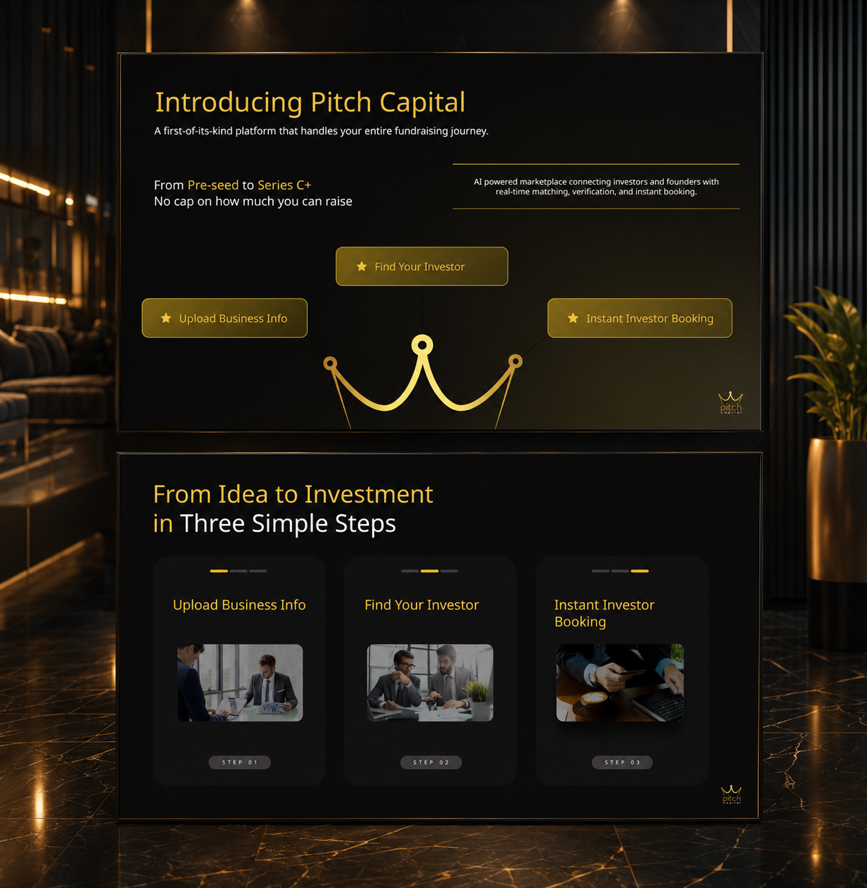 AI startup pitch deck explaining investor matching, fundraising workflow, and three-step investment process.