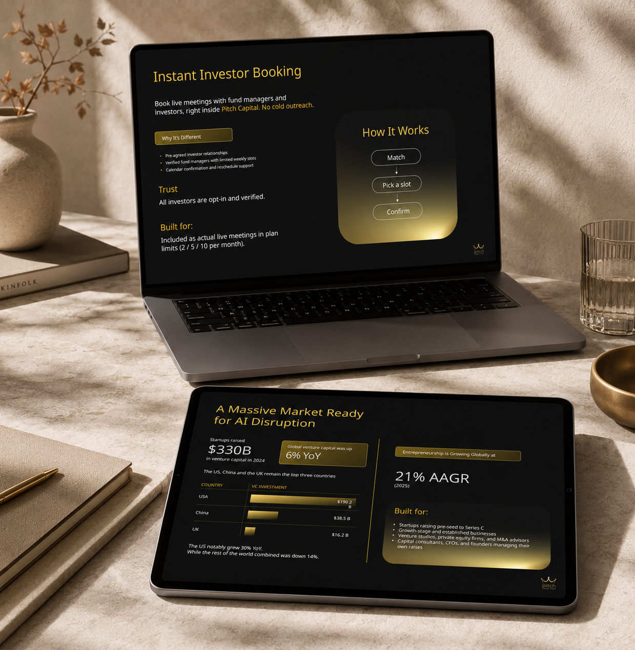 Pitch deck slides on instant investor booking, AI fundraising insights, and venture capital market statistics.