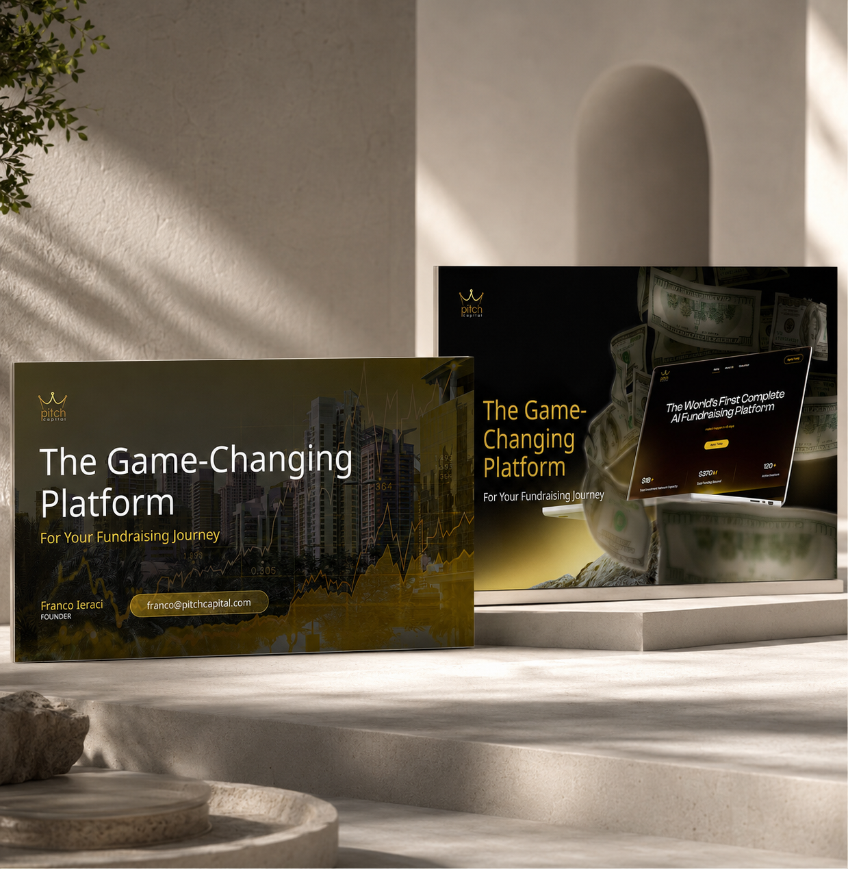 AI startup pitch deck cover showcasing fundraising platform, branding, and investor presentation design concep