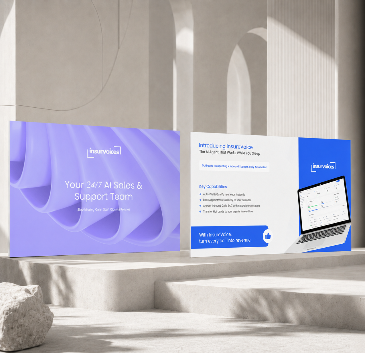 SaaS pitch deck showcasing AI sales automation platform, product overview, dashboard, and investor pr