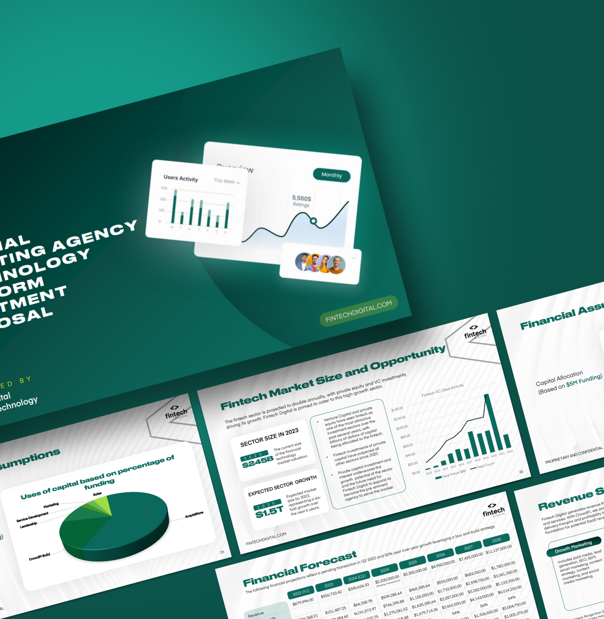 Fintech investment pitch deck with market analysis, financial charts, growth forecasts, and funding s