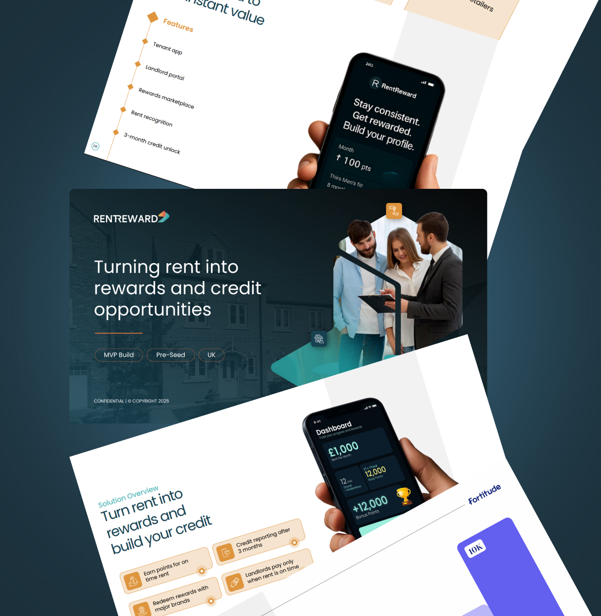 Fintech app pitch deck highlighting rewards platform, mobile app features, user benefits, and investo