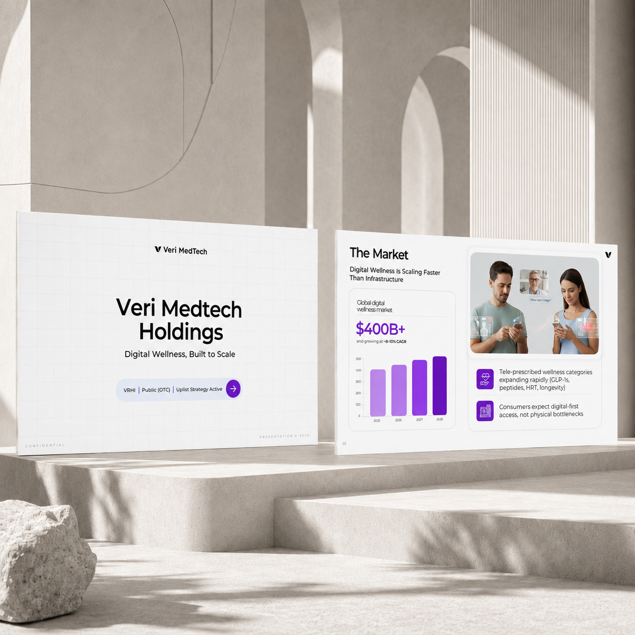 MedTech pitch deck showcasing digital wellness platform, market growth, healthcare innovation, and in