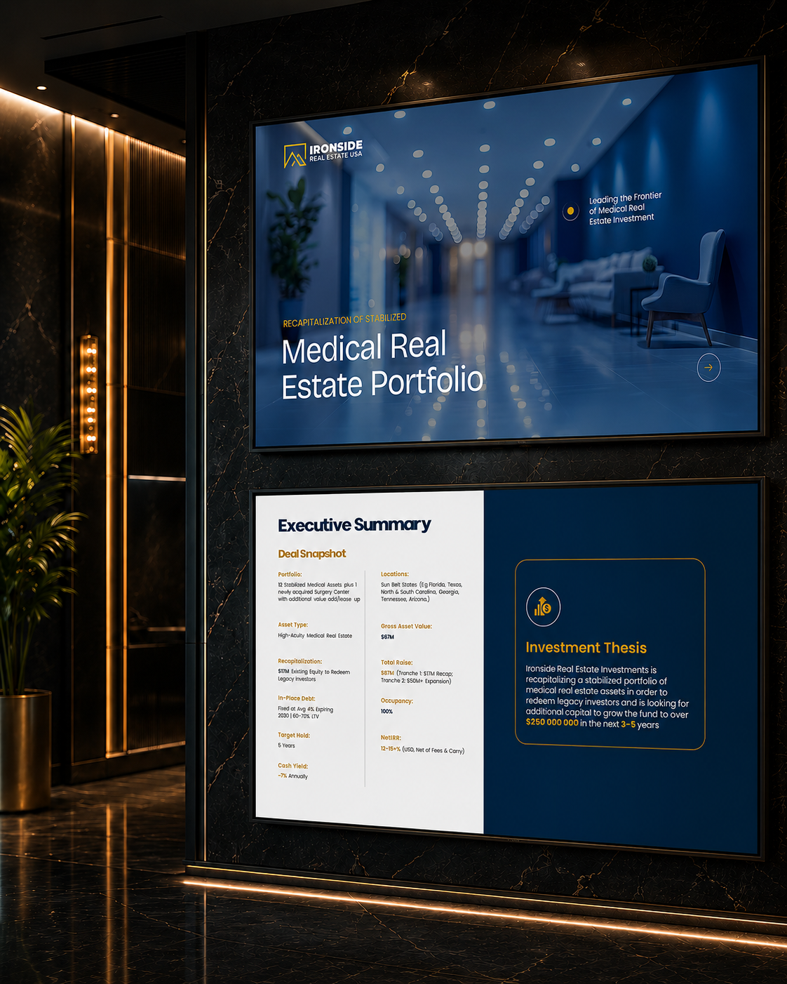 MedTech investment presentation featuring medical real estate portfolio, healthcare assets, and inves
