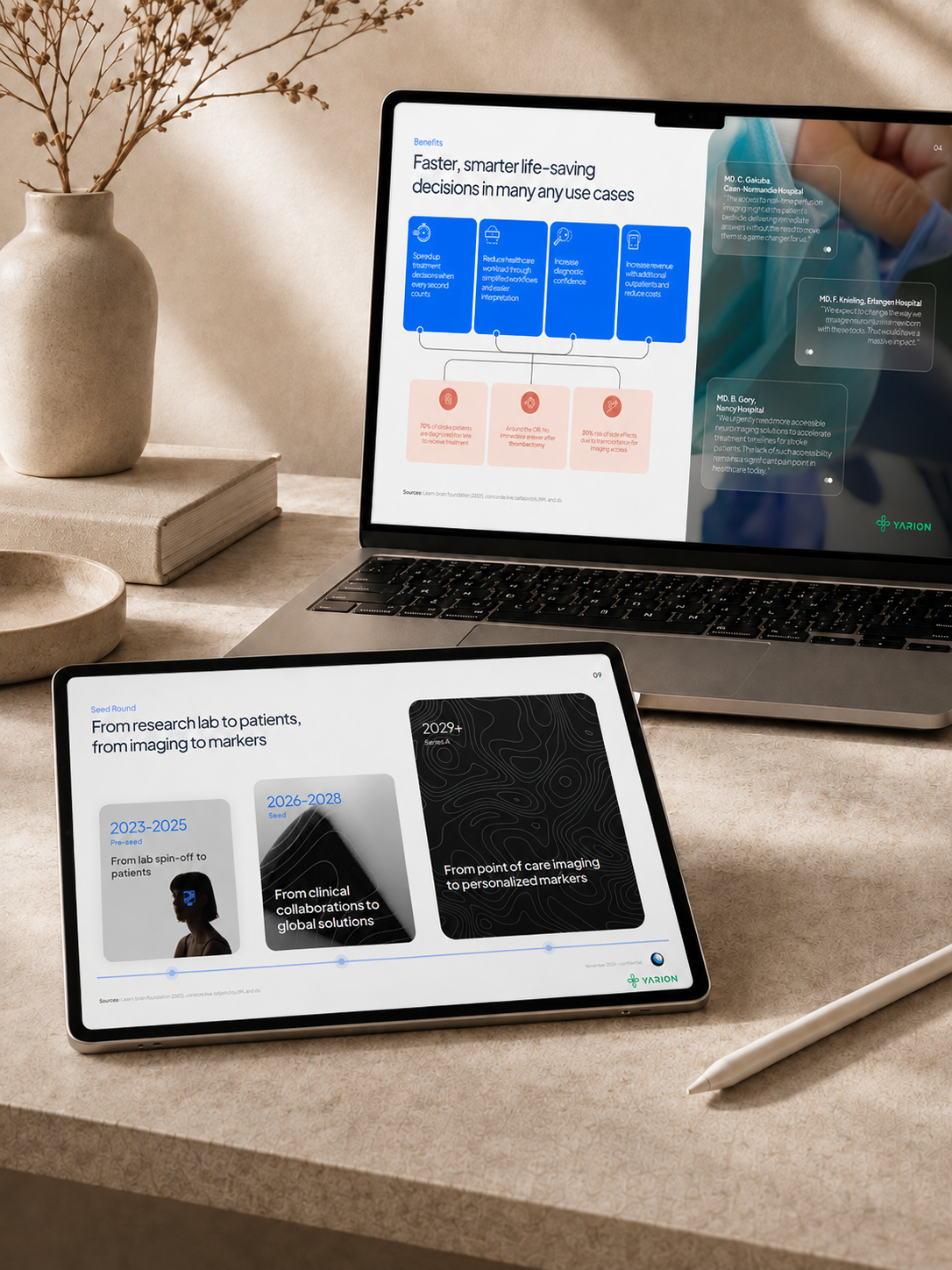 MedTech pitch deck displaying healthcare AI platform, clinical roadmap, medical innovation, and fundi