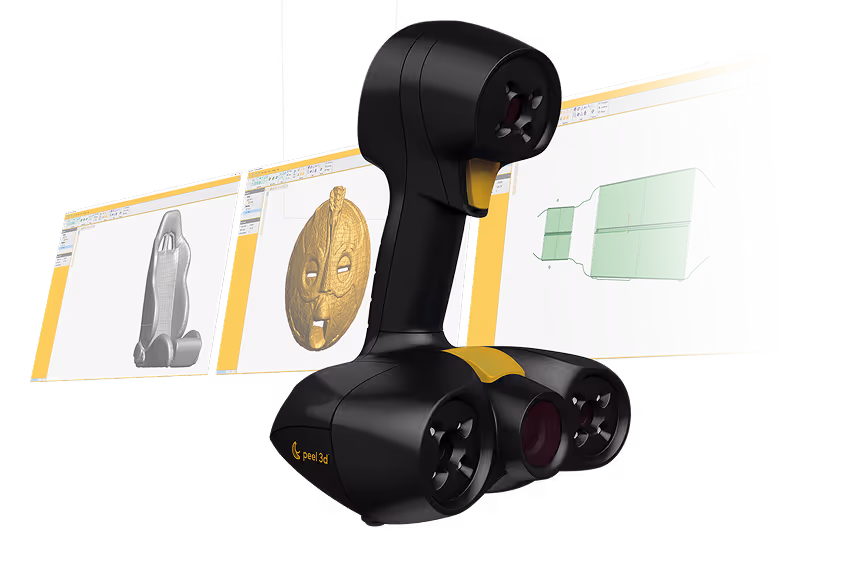 A Peel 3D Scanner, with a CAD graphic behind