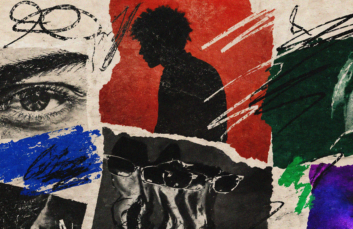 Torn-paper collage with a halftone eye, a black silhouette on red, and painted blue and green marks over visible paper texture.