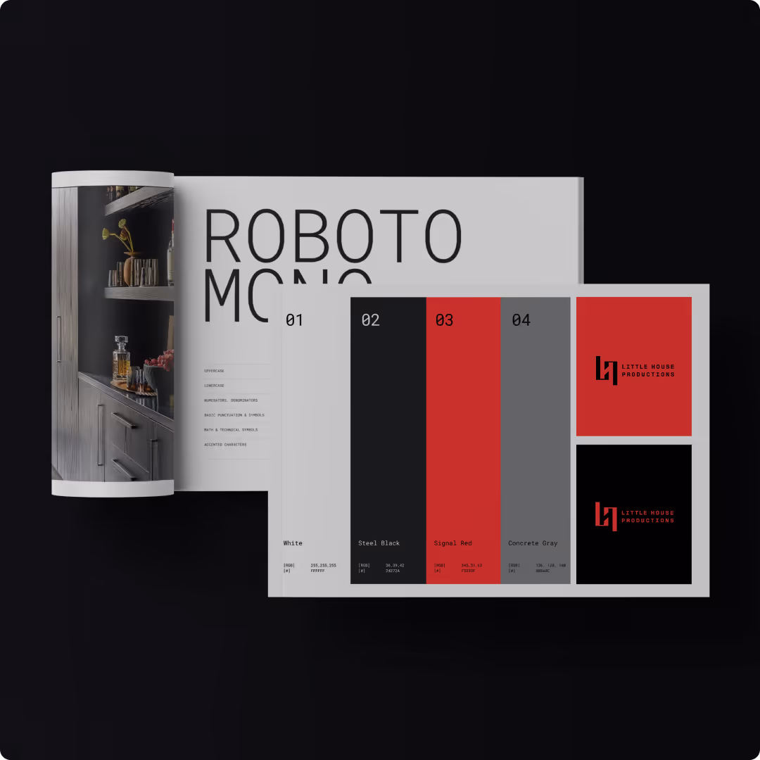 Open brand book showing Roboto Mono font details and color palette featuring white, steel black, signal red, and concrete gray with Little House Productions logo.
