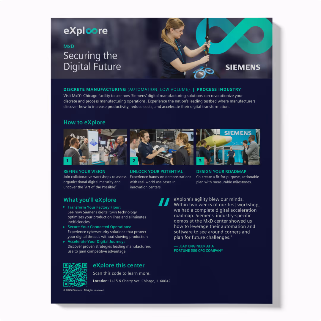 Flyer promoting Siemens eXplore MxD digital manufacturing solutions with images of collaborative workshops and innovation demonstrations, highlighting how to refine vision, unlock potential, and design a roadmap, located at 1415 N Cherry Ave, Chicago.