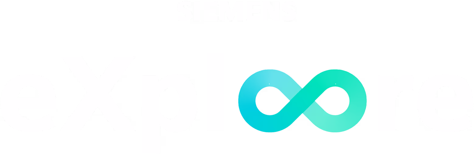 Siemens eXplore logo featuring the word 'Siemens' in gray and a blue-green infinity symbol to the right.