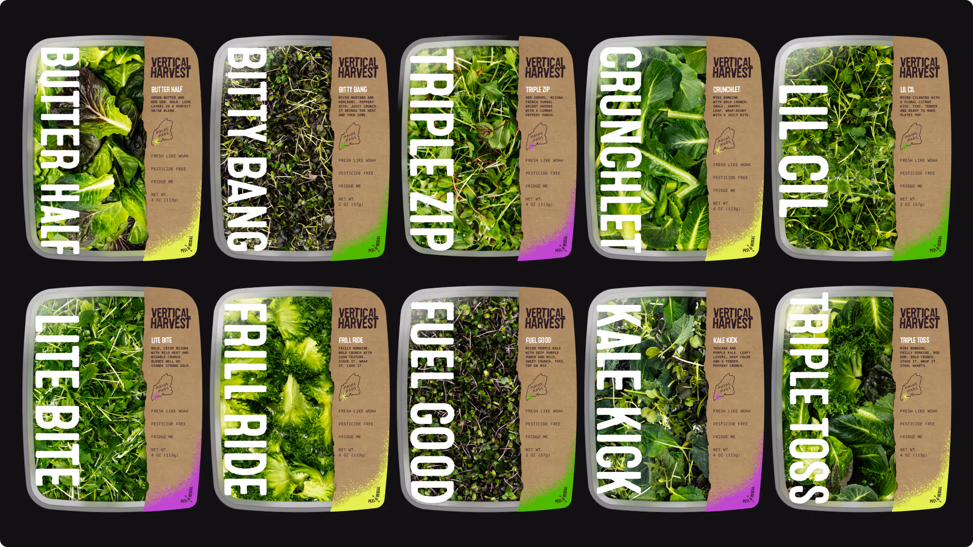 Ten packaged salad greens varieties from Vertical Harvest, including Butter Half, Bitty Bang, Triple Zip, Crunchlet, Lil Cil, Lite Bite, Frill Ride, Fuel Good, Kale Kick, and Triple Toss.