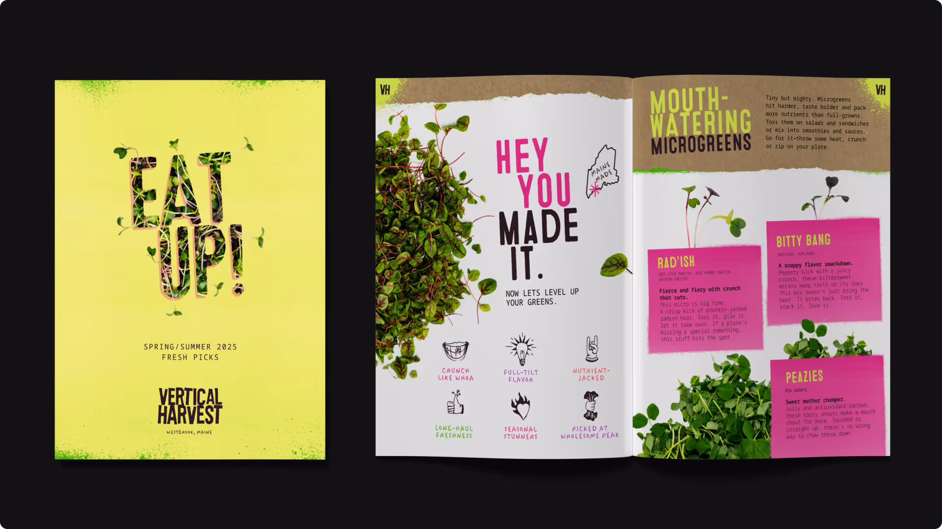 Spring/Summer 2025 Vertical Harvest catalog with cover reading 'EAT UP!' and inside pages featuring microgreens descriptions and benefits.