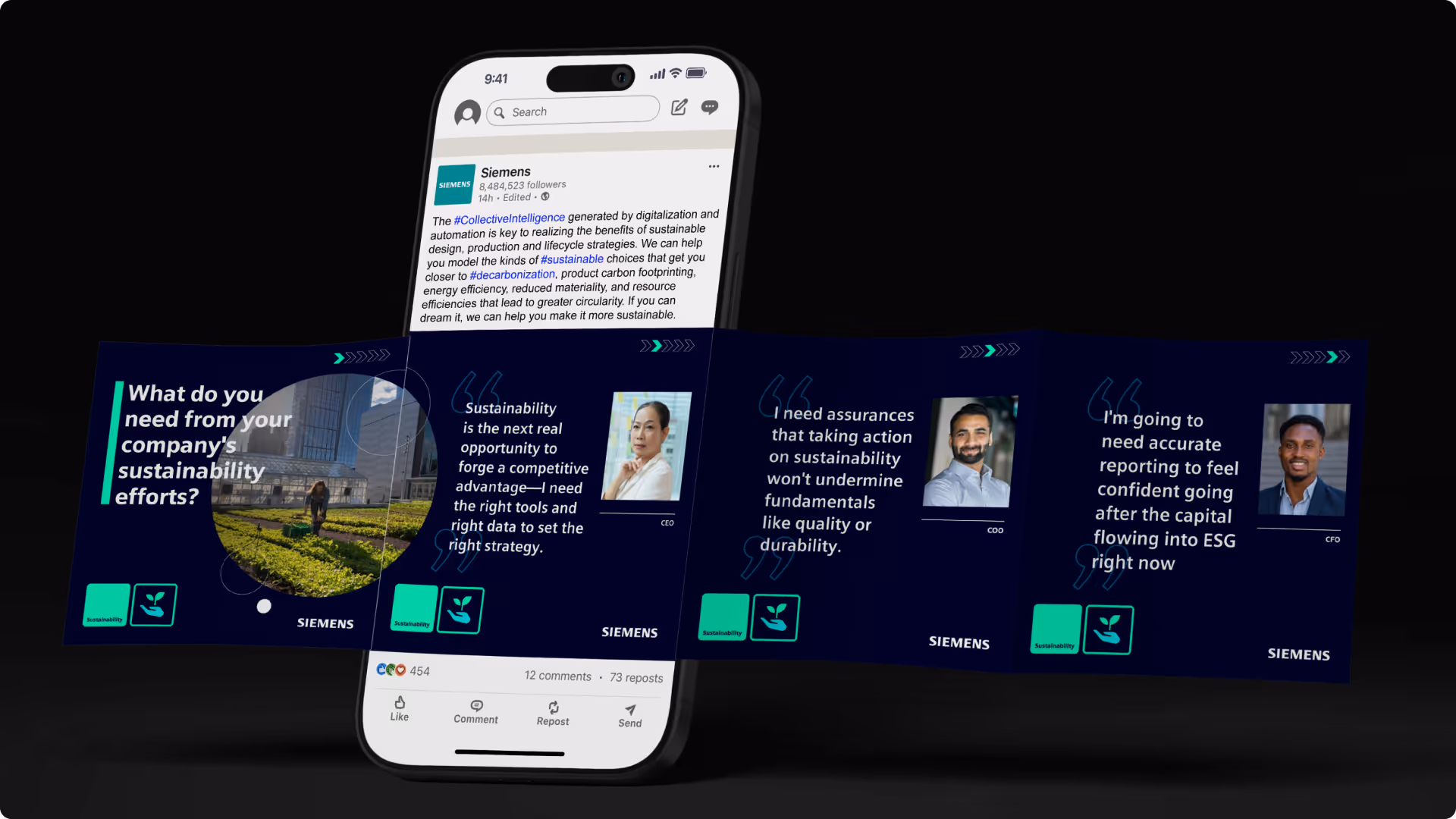 Mobile phone displaying Siemens social media post about sustainability with quotes from CEO, COO, and CFO on company sustainability needs and tools.