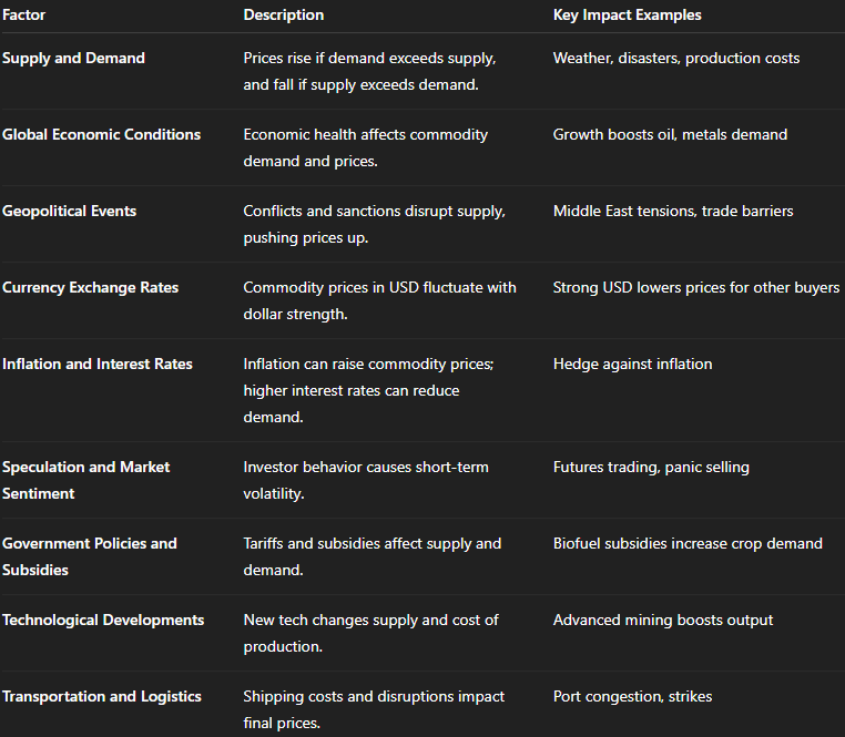 Factors Affecting Commodity Prices (table)