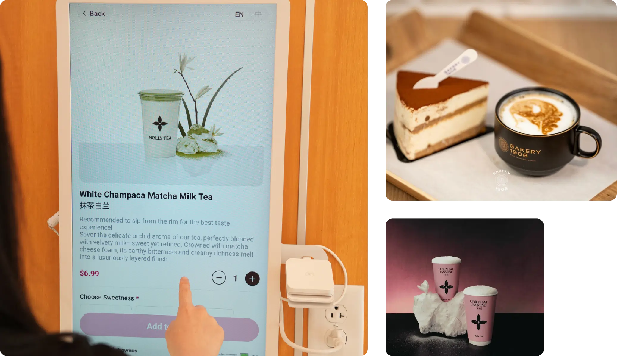 A woman orders bubble tea and dessert at a kiosk using a touch screen in a quick service restaurant.