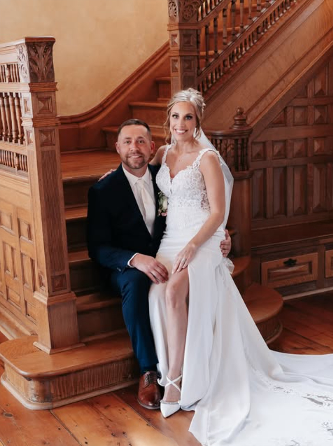 bride and groom with wedding dress and suit
