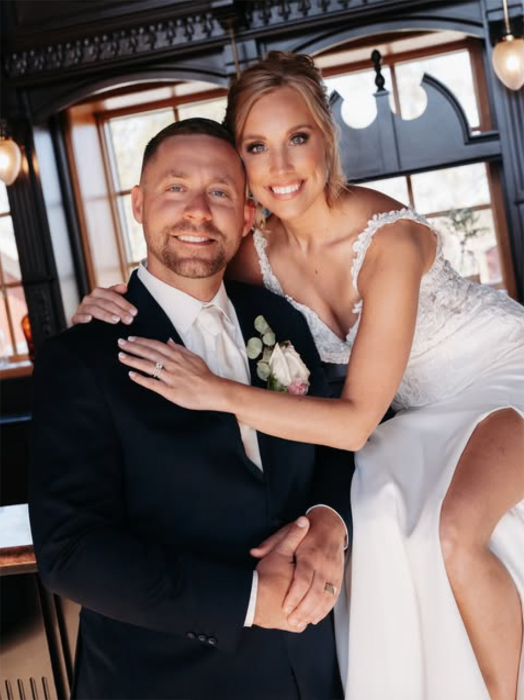 bride and groom wedding dress with side slit
