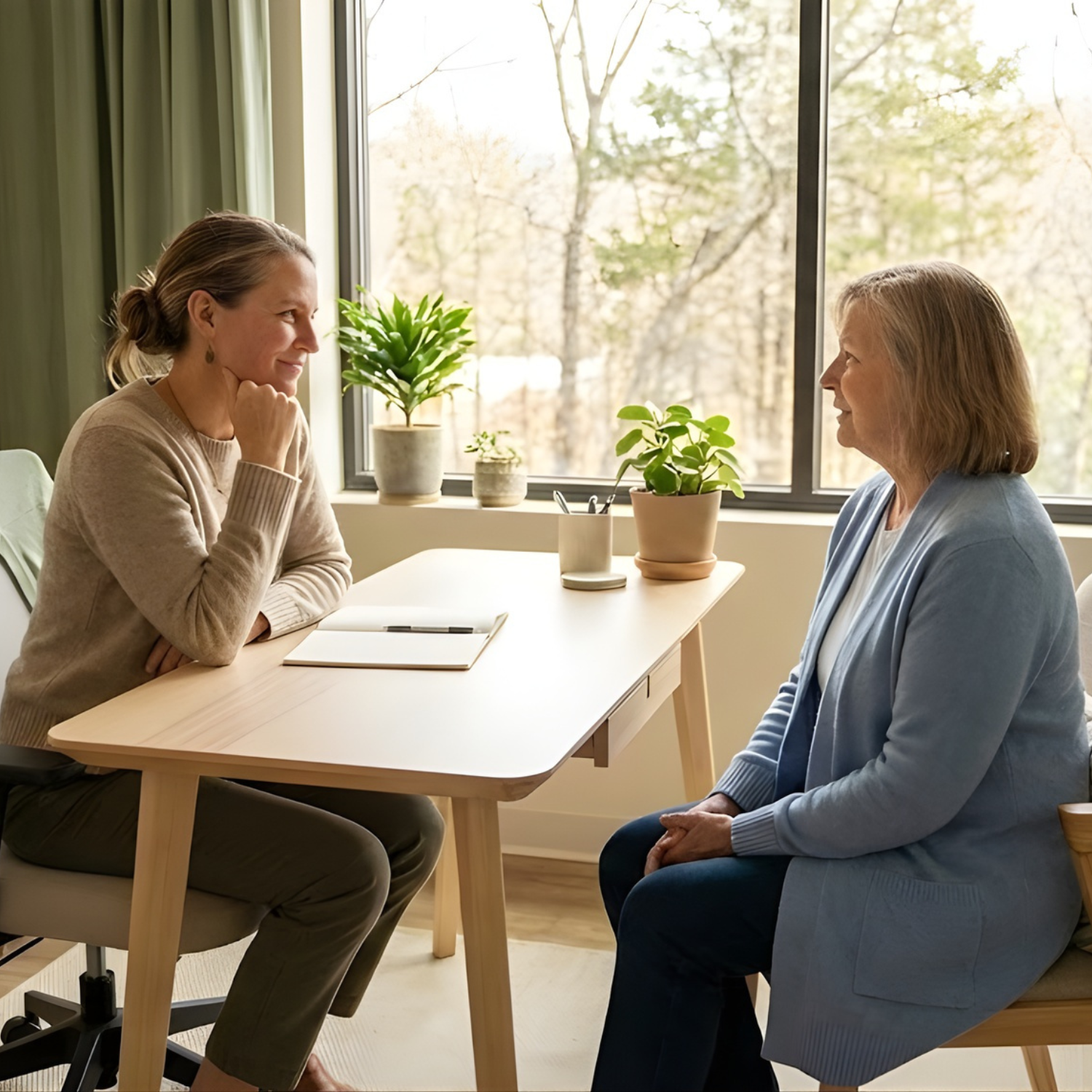 Two women sitting at a table by a window, smiling and having a conversation in a cozy room with potted plants.
