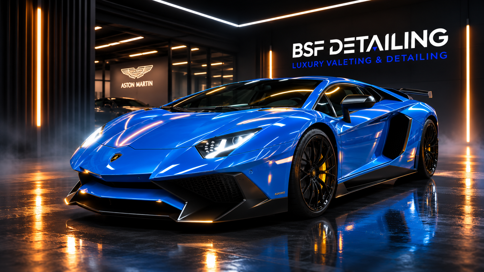 Blue Lamborghini after luxury detailing, perfectly clean