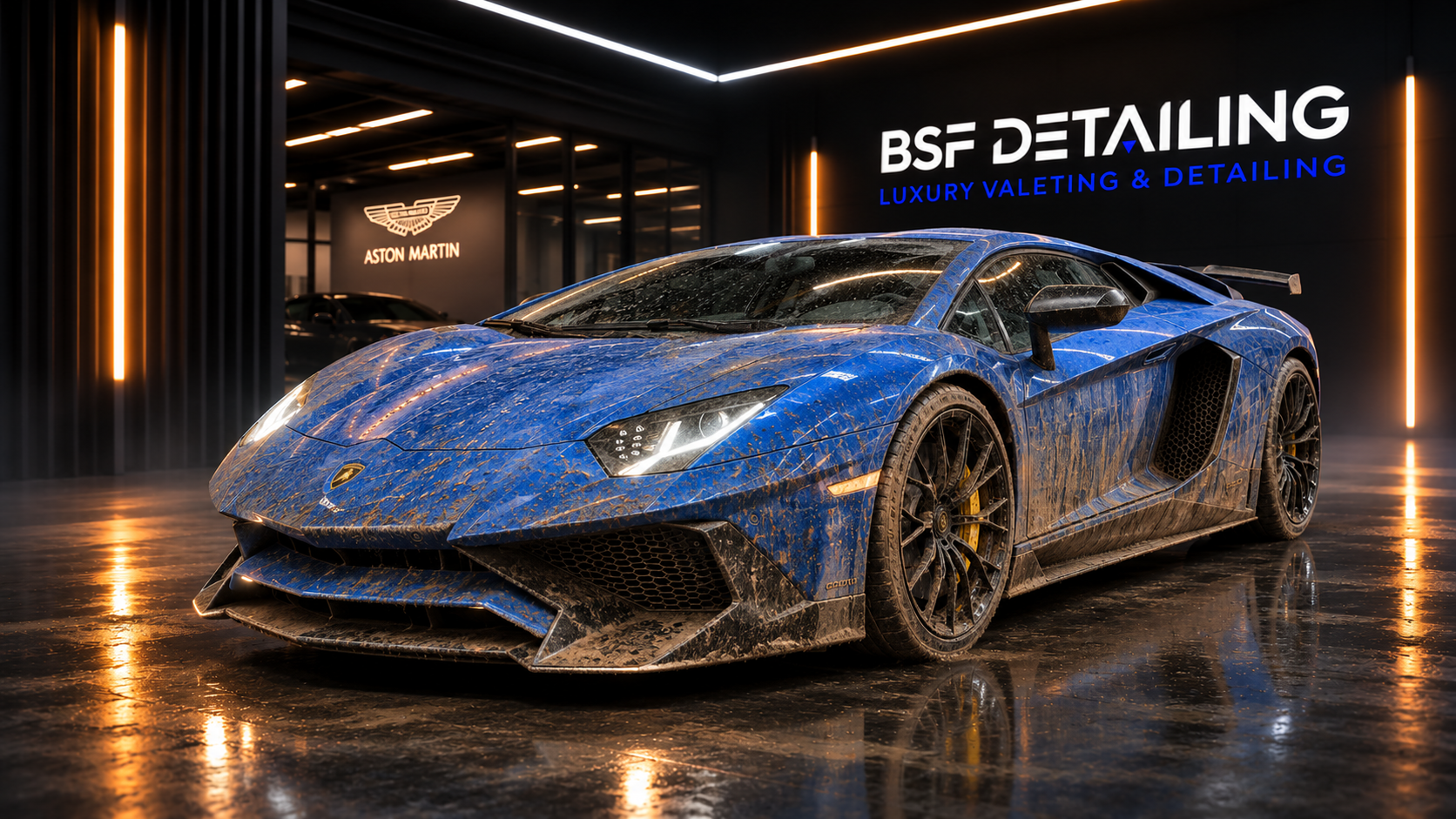 Blue Lamborghini before detailing, covered in dirt