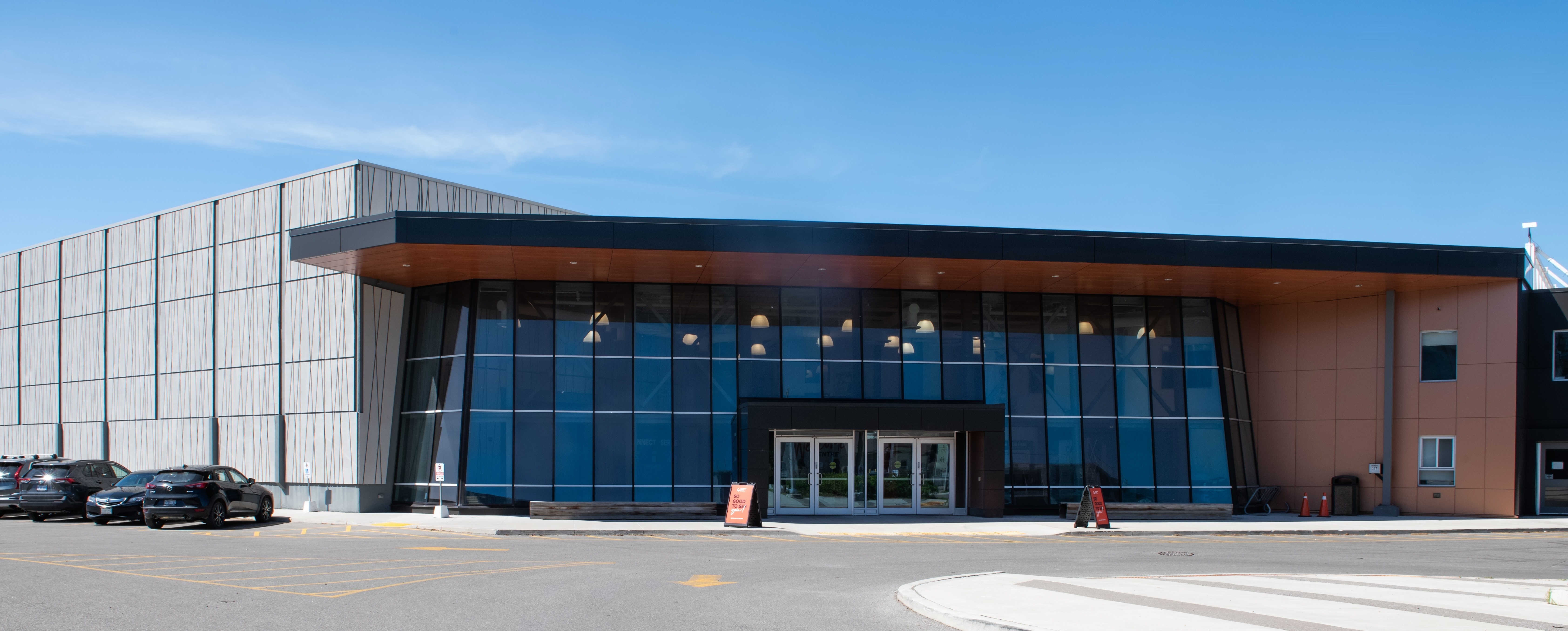 Modern high school with structural glass curtain wall