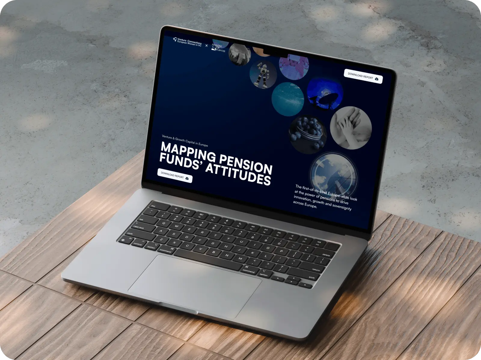 Laptop on wooden table displaying a report titled 'Mapping Pension Funds' Attitudes' with circular images and a download report button.