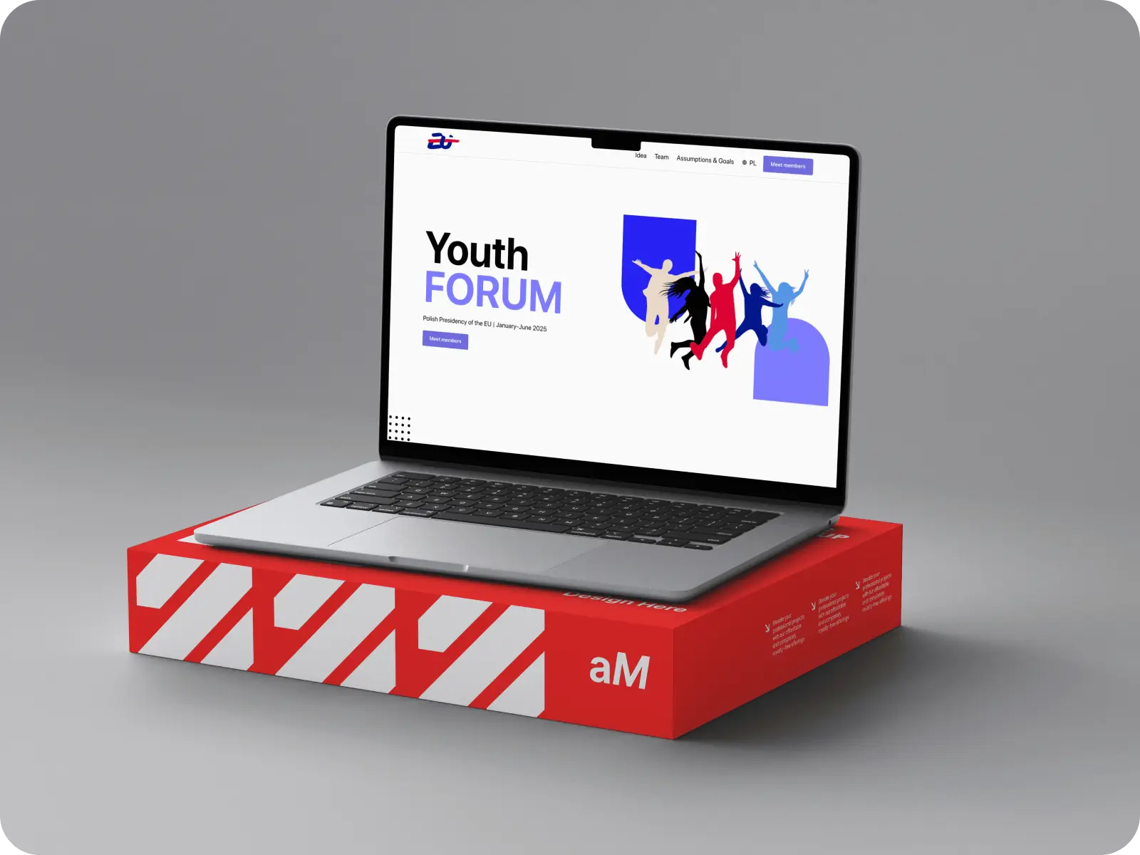 Open laptop displaying 'Youth Forum' webpage with colorful jumping silhouettes, placed on a red and white patterned box.