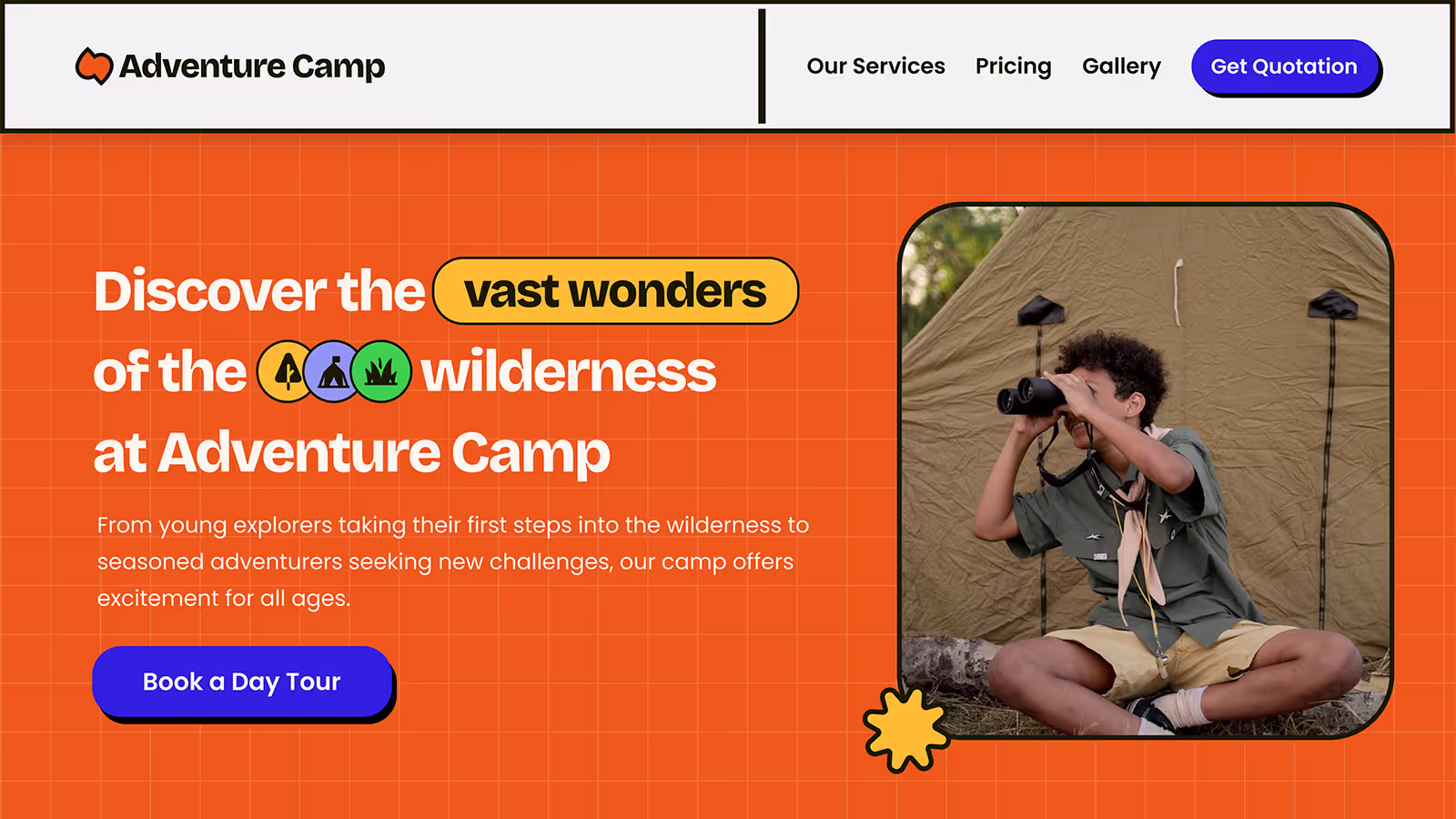 Hero section of Adventure Camp featuring a young explorer peering through binoculars