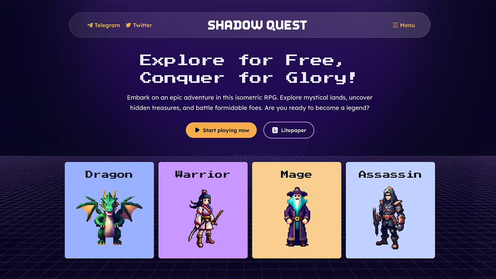 An image of the hero section from Shadow Quest, showcasing vibrant isometric game characters and a stylish pixel-based font.