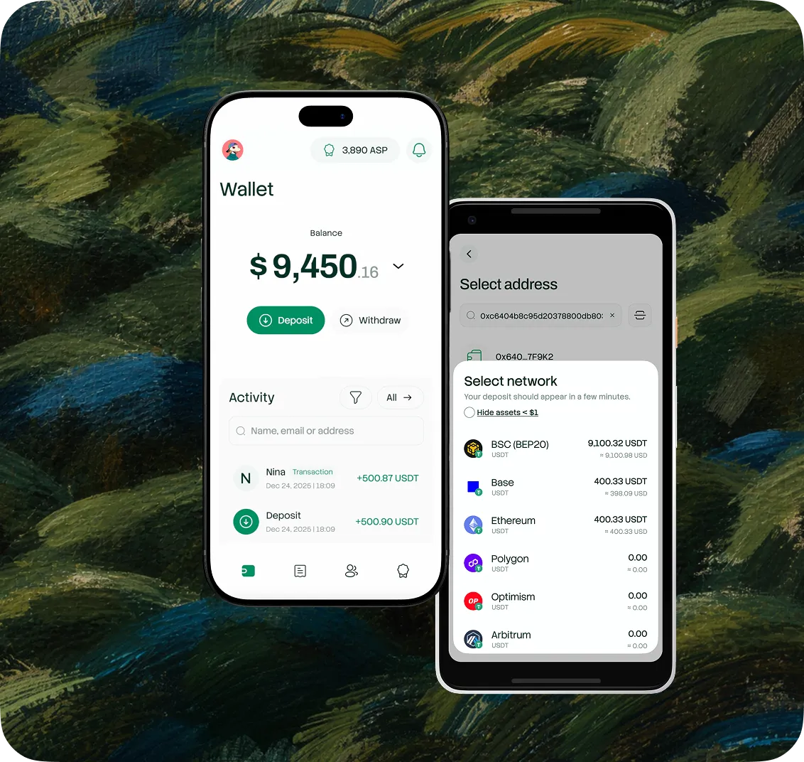 AllScale wallet and withdrawal screens on two phones against a green and blue textured background