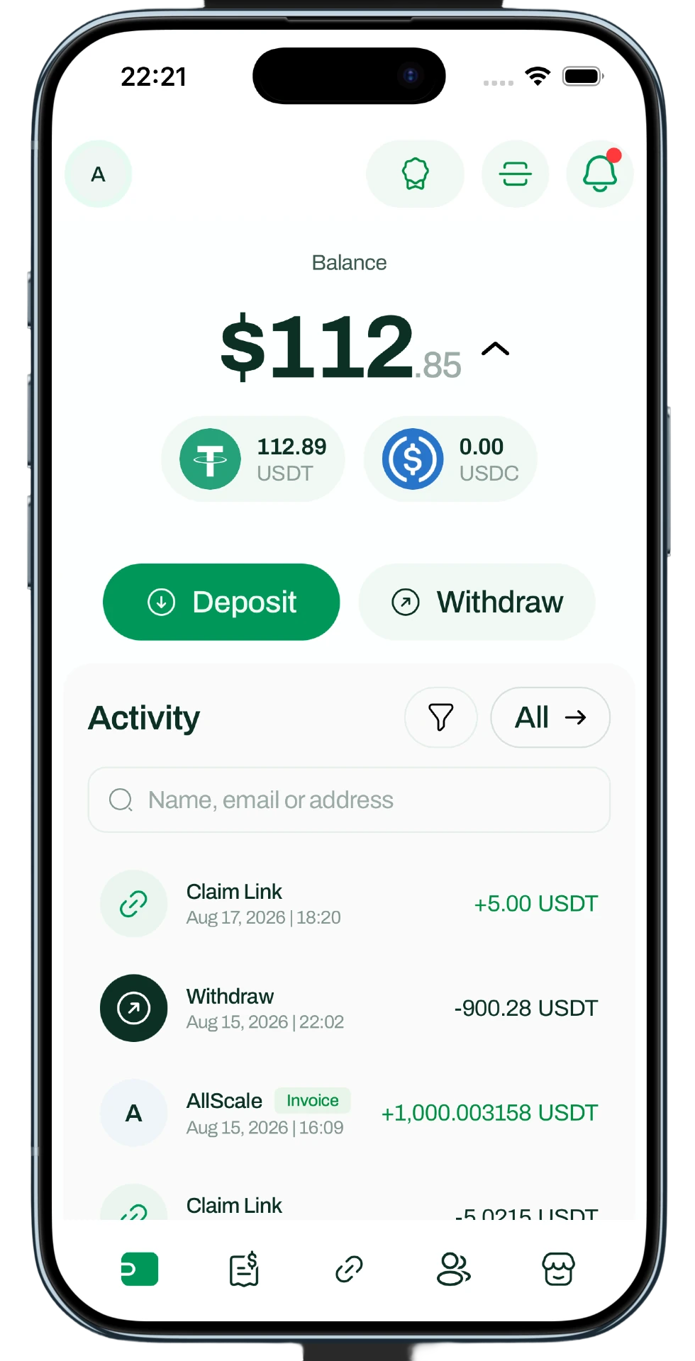 AllScale self-custody wallet screen
