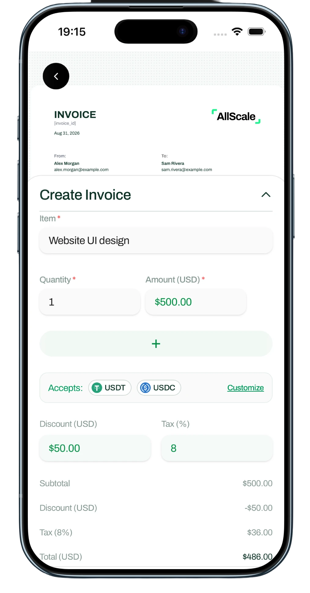 AllScale invoice creation screen