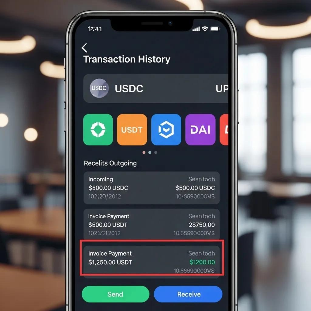 Digital wallet showing stablecoin transactions and balances
