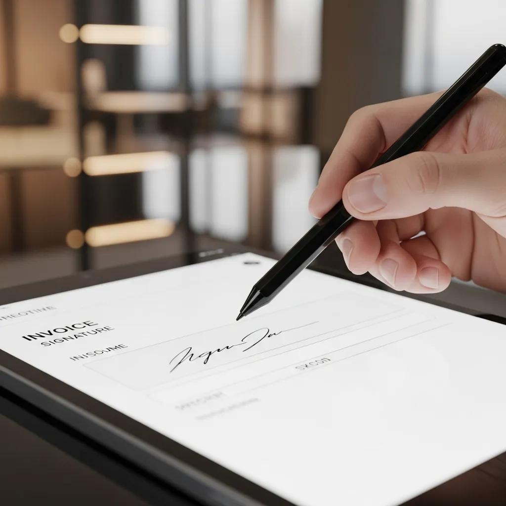 Tablet showing a person digitally signing an invoice, emphasizing secure e-signing