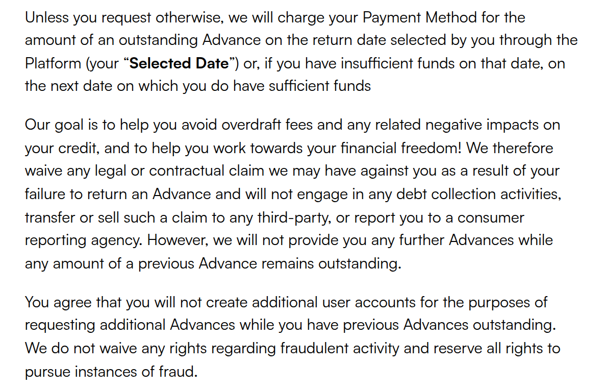 Bree's Public Terms Authorize Repayment Attempts, but Waive Ordinary Debt-Collection Remedies for Nonpayment.