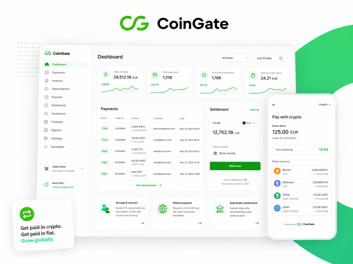 CoinGate dashboard mockup
