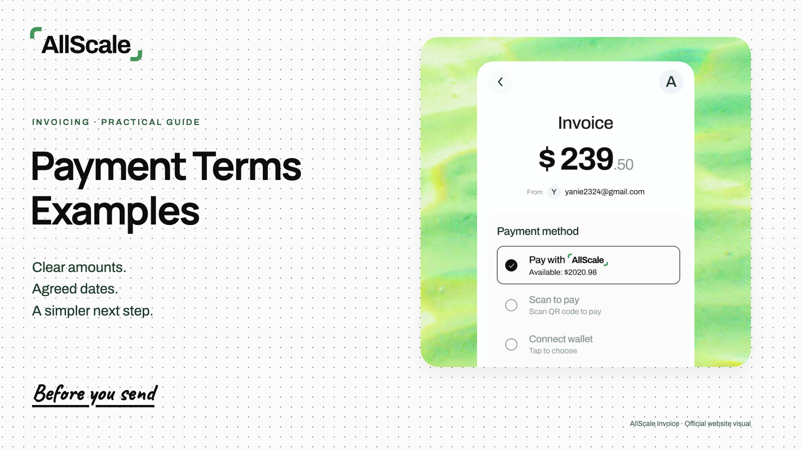 Payment Terms Examples with the green AllScale Invoice interface.
