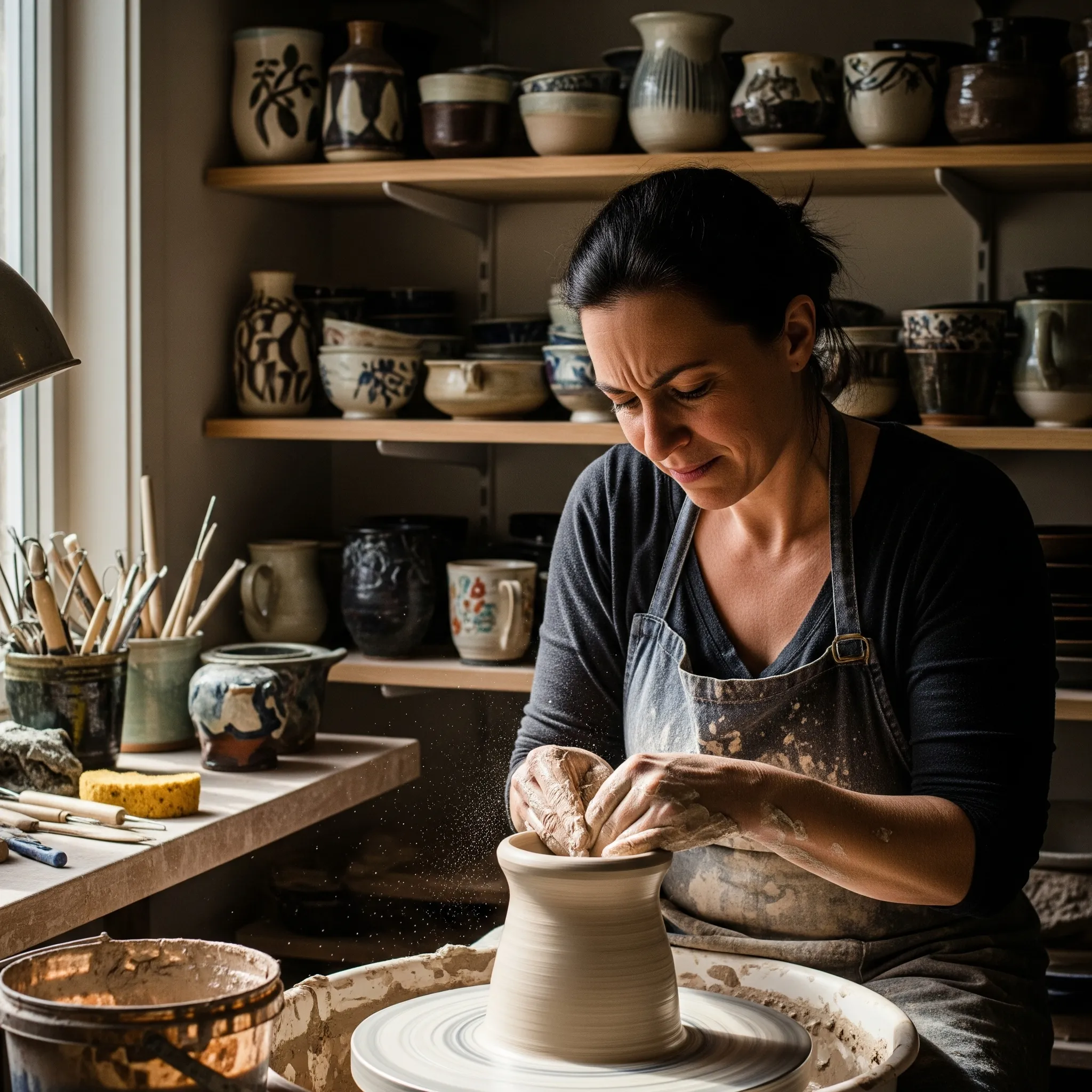 A skilled female artisan is focused on shaping clay on a pottery wheel in her sunlit workshop, surrounded by shelves of her finished work.