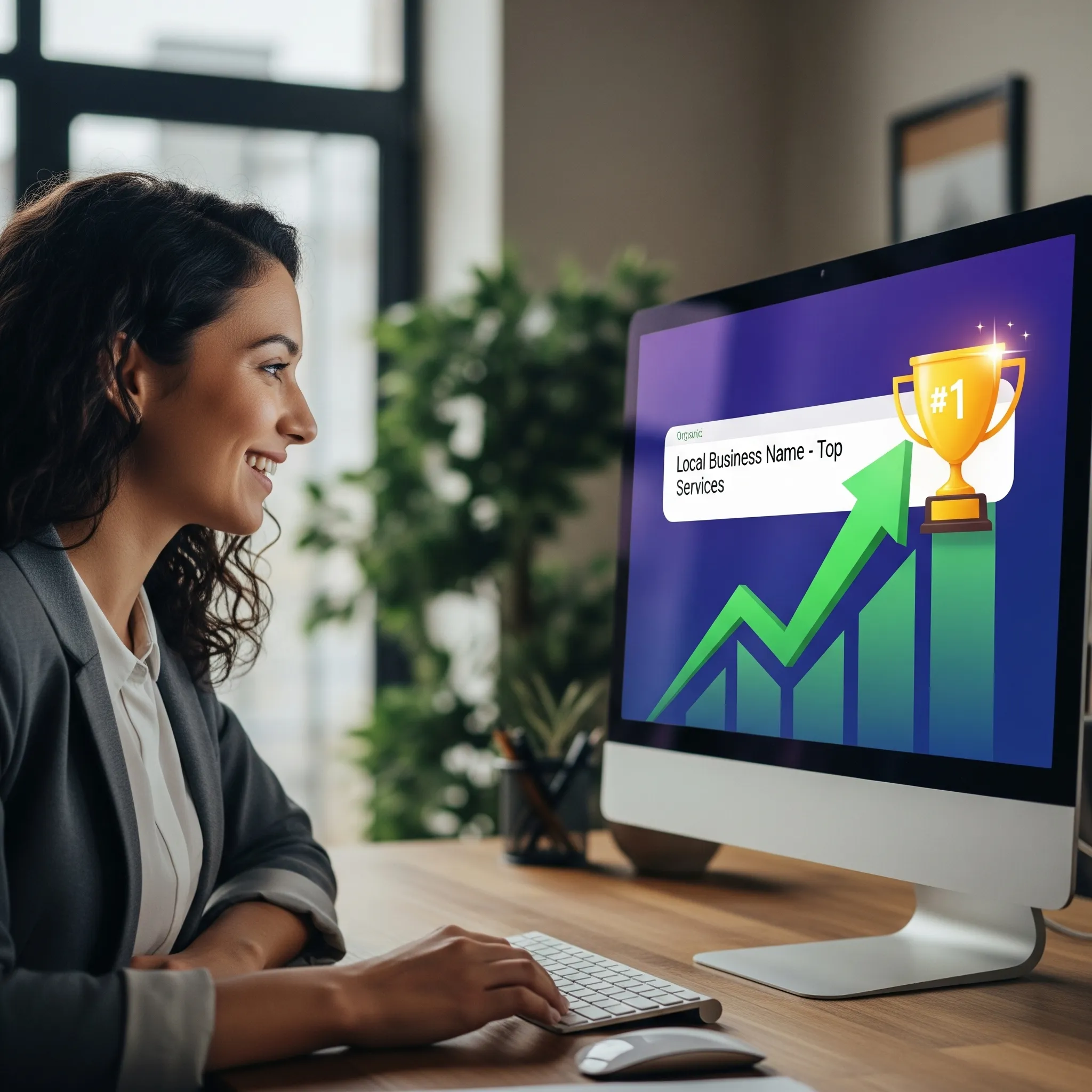 Business owner celebrating the success of her SEO service, with her website shown at the #1 rank on a search results page with a growth graph and trophy.