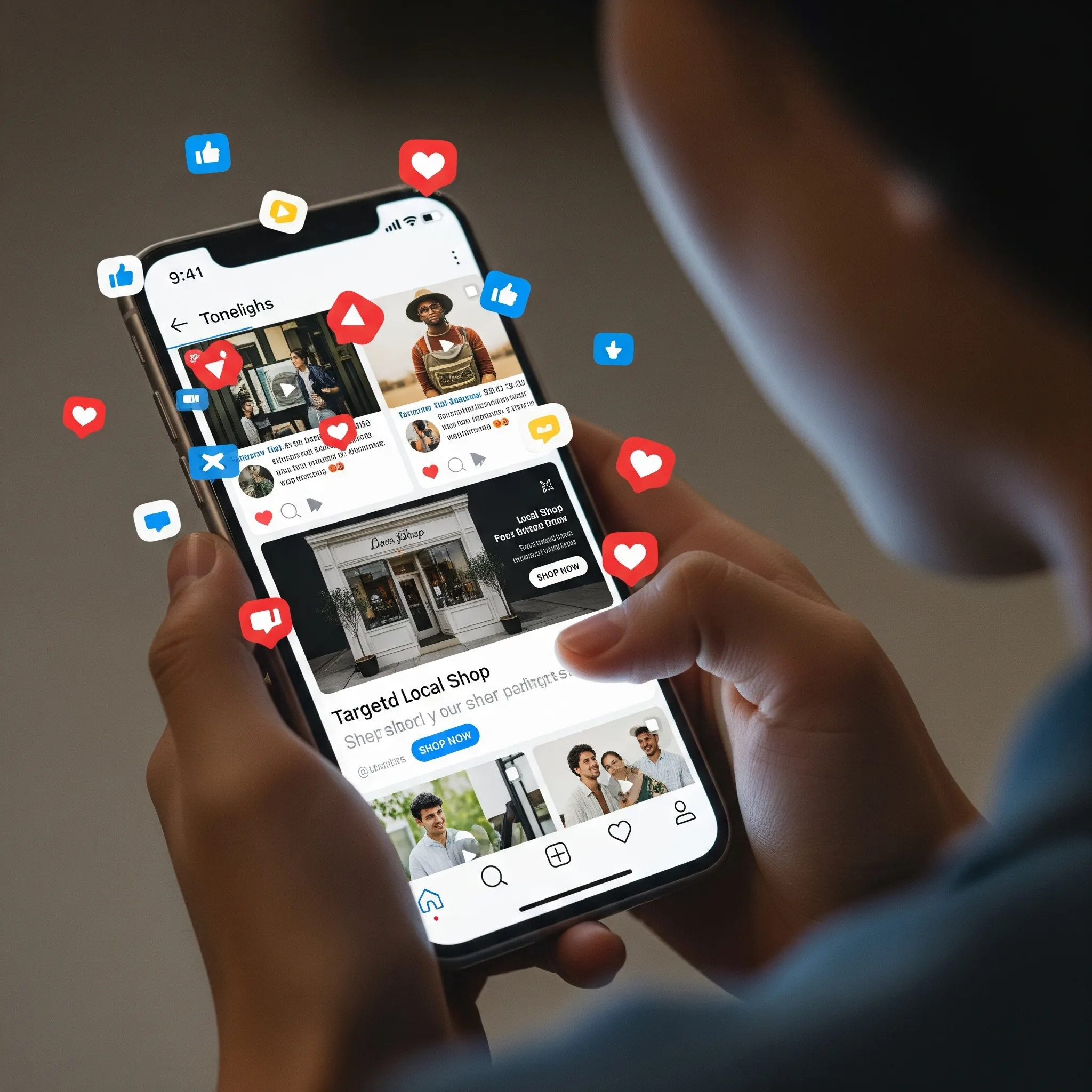 A person engaging with a targeted social media ad for a local business on their smartphone, demonstrating the effectiveness of social media advertising services.