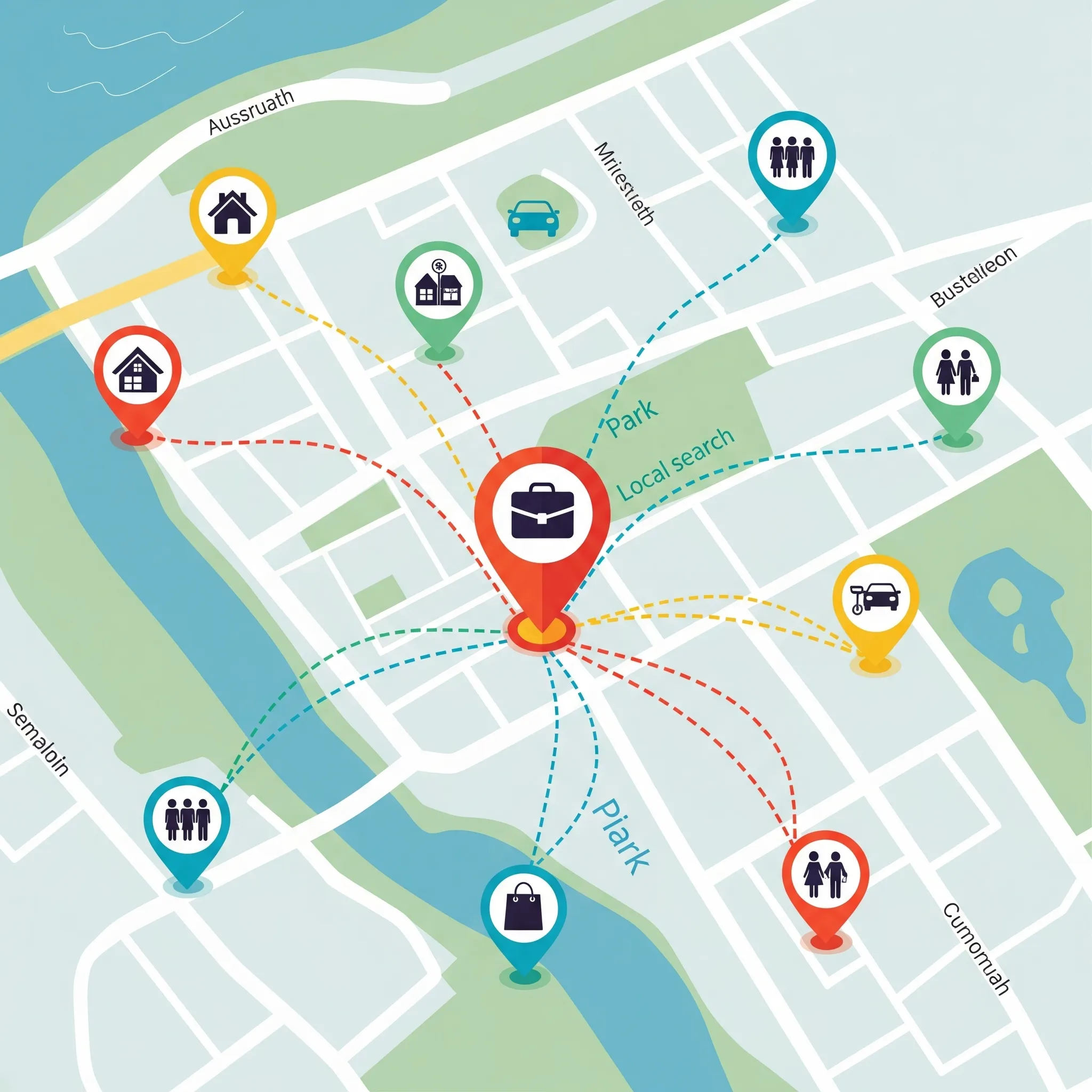 A map illustrating how local SEO services connect a business to nearby customers, symbolizing improved visibility on Google Maps and local search.