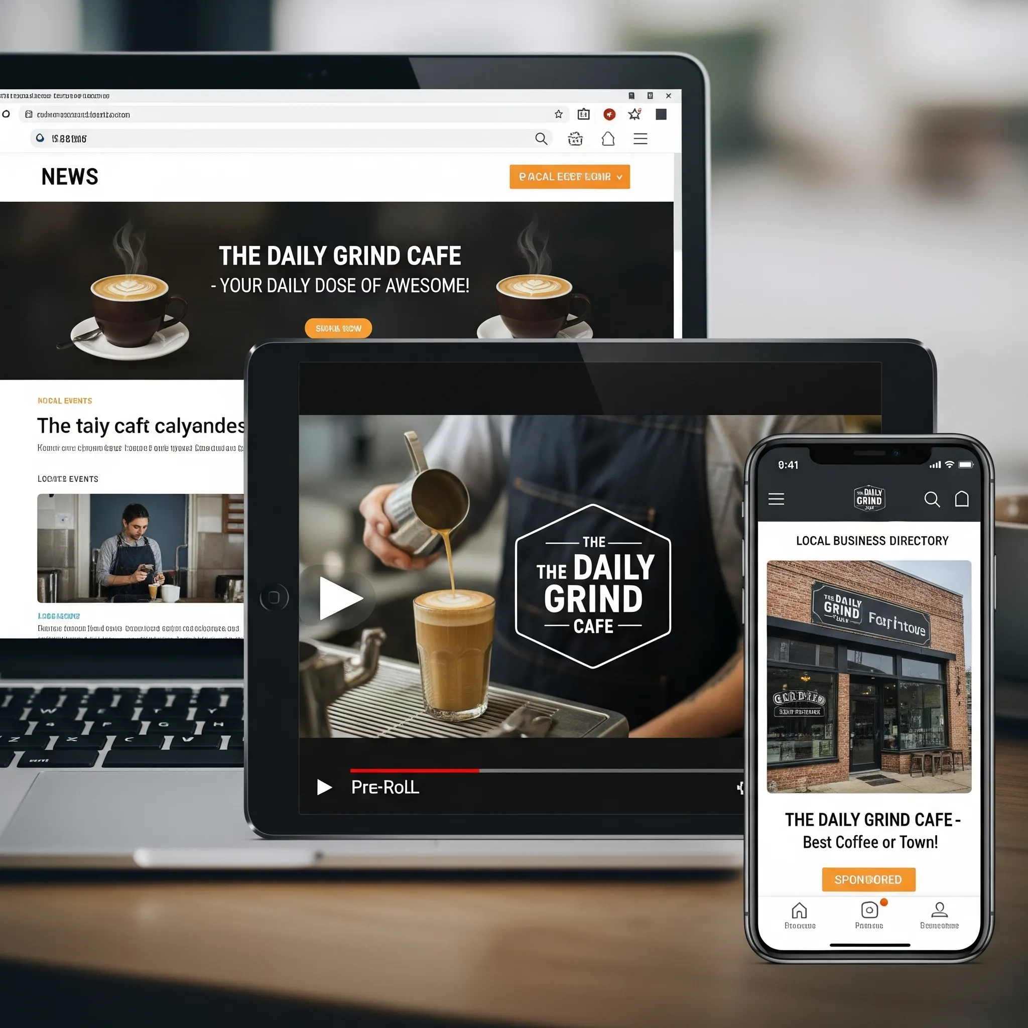 Digital display advertising services showing a consistent ad for a local business across a laptop, tablet, and smartphone on news sites, videos, and apps.