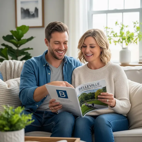 A smiling Belleville couple reads a community magazine together on their couch.