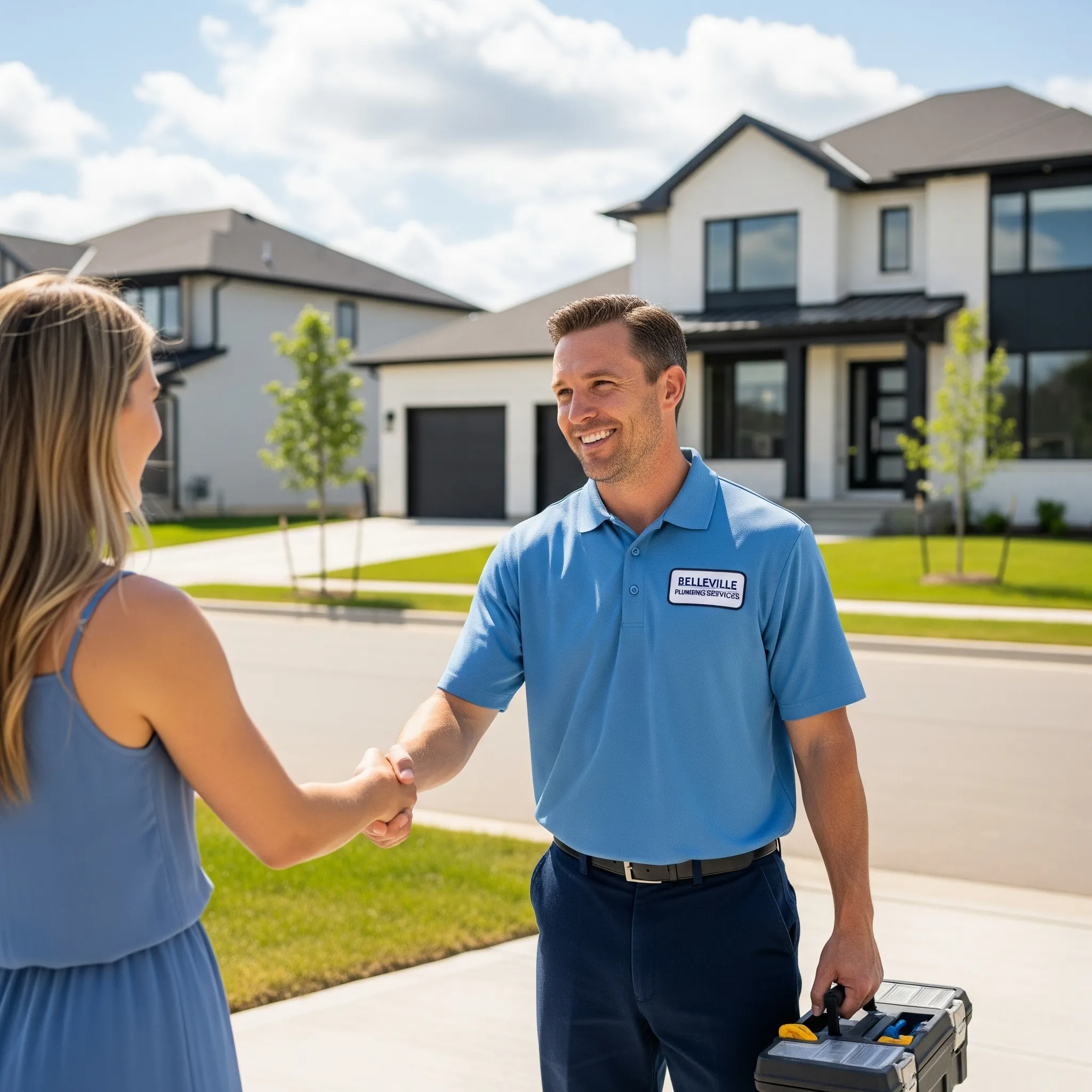 Friendly Belleville plumber shaking hands with a satisfied customer in front of a modern home.