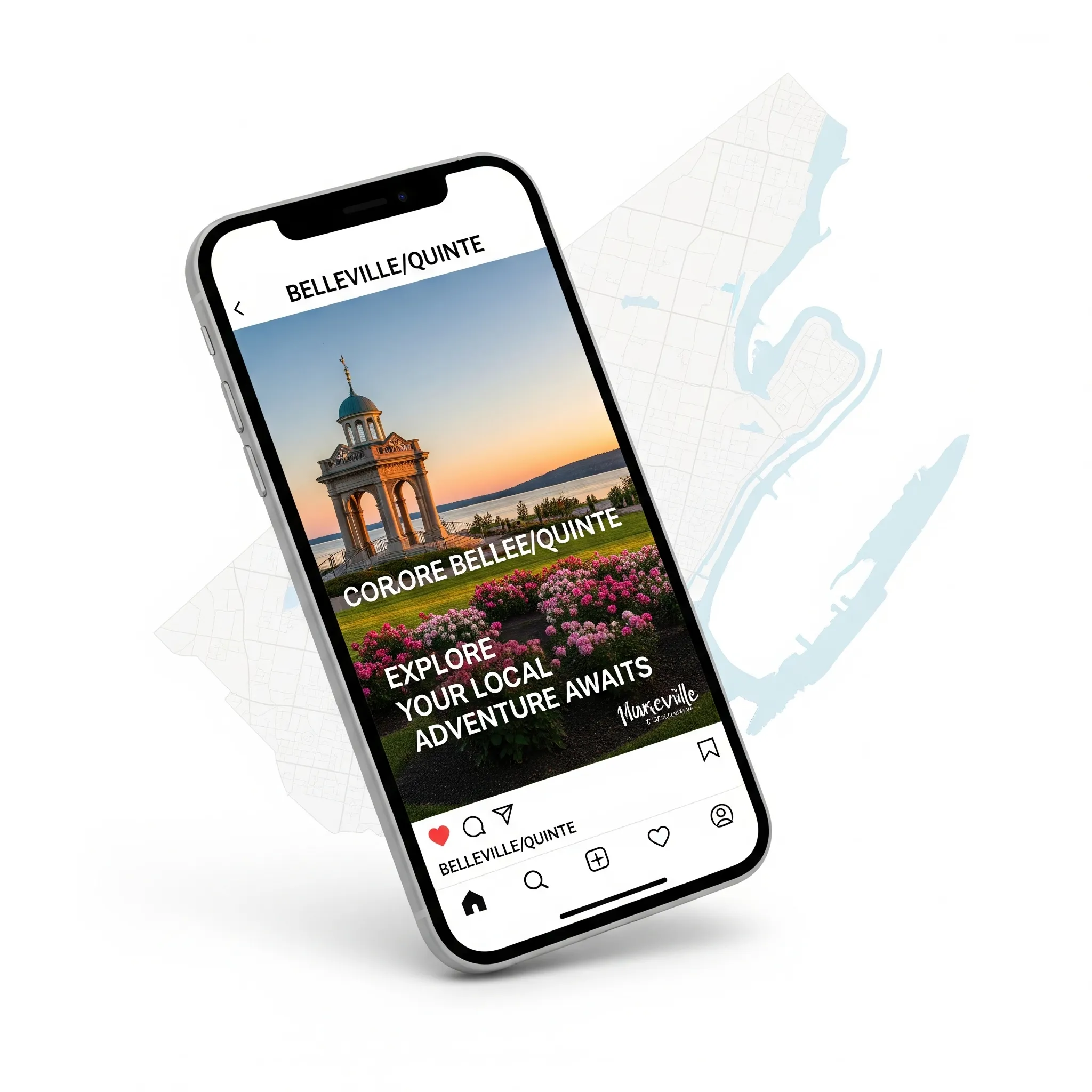 Smartphone displaying a targeted social media ad for a local Belleville Quinte business, with a map of the area in the background.