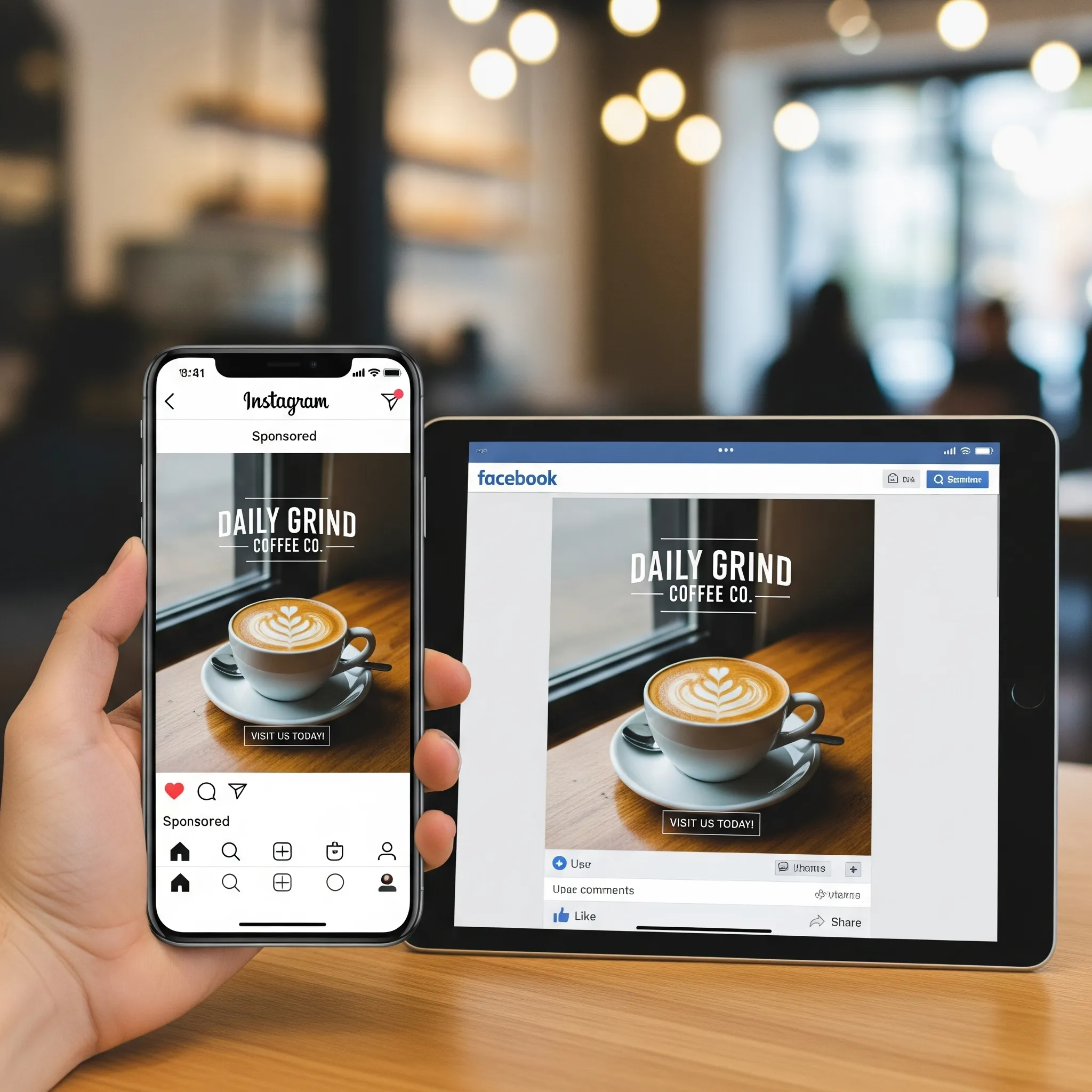 A mock-up showing a professional social media ad for a local Belleville business displayed on both a smartphone (Instagram) and a tablet (Facebook).