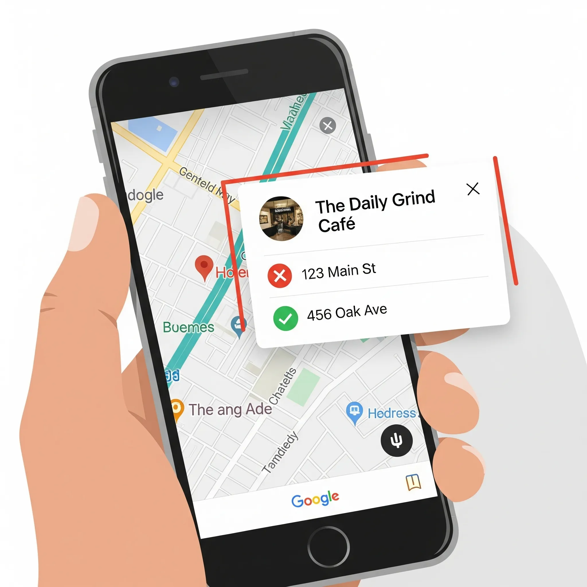 A graphic explaining the importance of correct business information, showing a smartphone with a Google Maps profile for "The Daily Grind Cafe." An incorrect address is marked with a red X, while the correct address below it has a green checkmark.