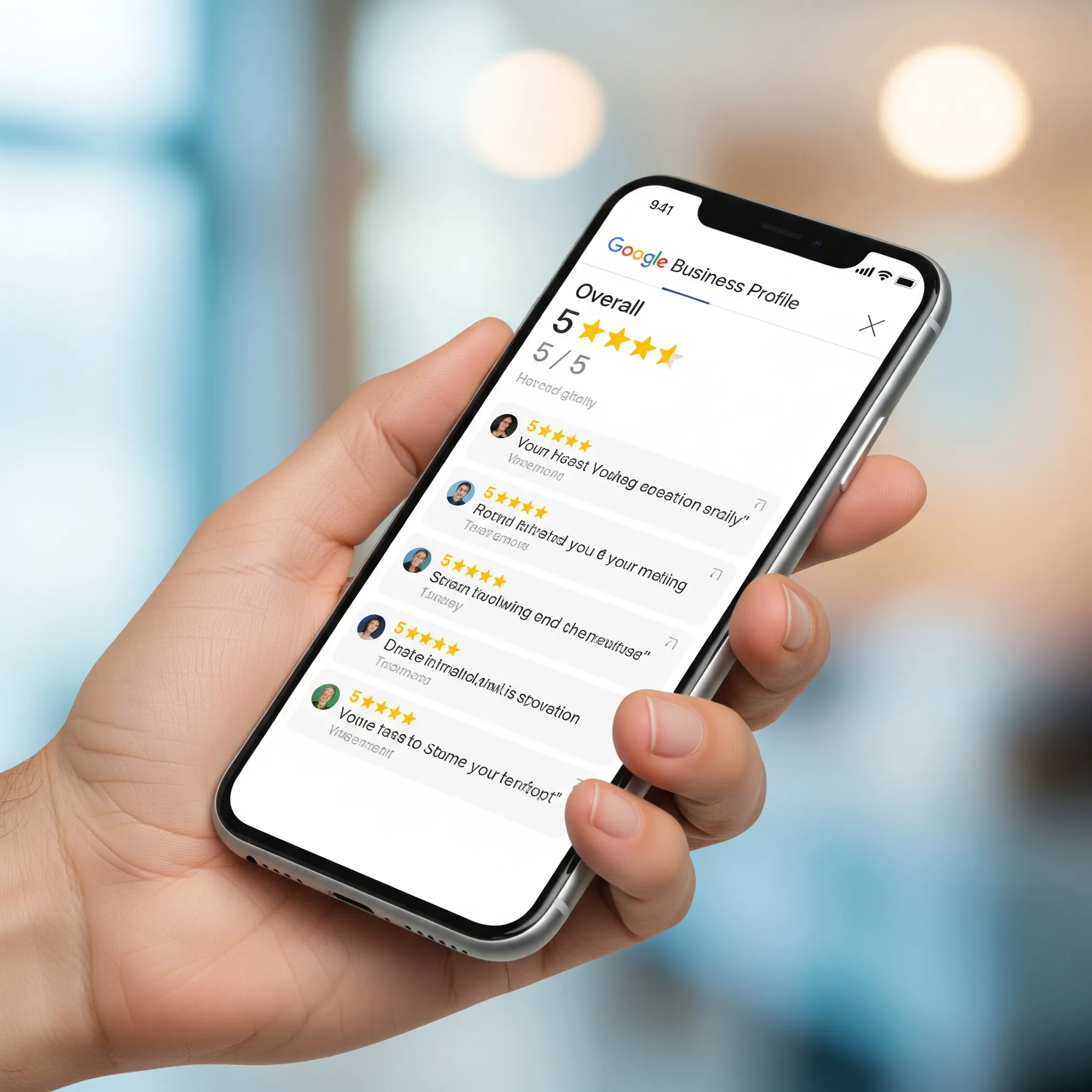 A graphic demonstrating excellent online reputation management, showing a hand holding a smartphone that displays a Google Business Profile with a perfect 5 out of 5-star rating and glowing customer reviews.